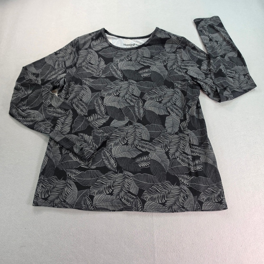 Hang Ten Women UPF 50+ Sun Shirt Gray Black Tropical Leaf Long Sleeve Top Size M